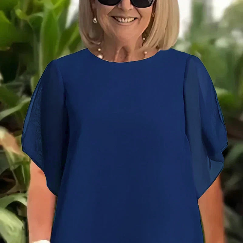Navy draped short-sleeve top and matching wide-leg pants, two-piece set