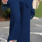 Navy flowy wide-leg pants with draped detail and matching top, two-piece set