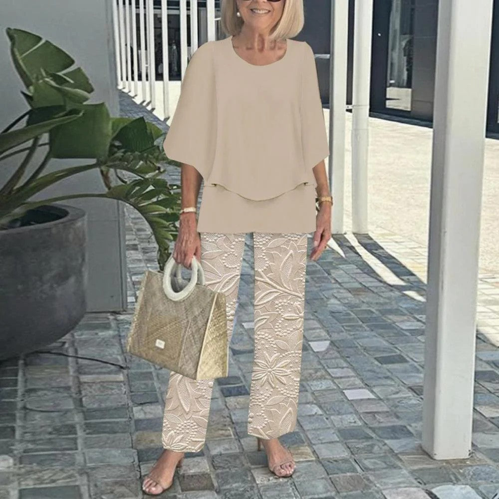Beige two-piece set: short-sleeve layered top and beige patterned straight pants