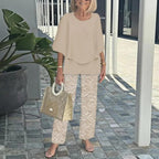Beige two-piece set: short-sleeve layered top and beige patterned straight pants