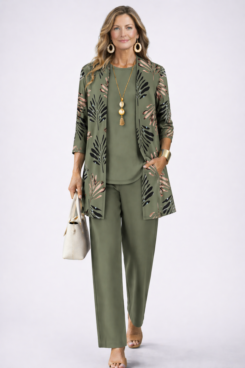 3-piece set in olive green with long floral jacket, matching top, and straight-leg pants.
