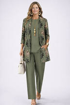 3-piece set in olive green with long floral jacket, matching top, and straight-leg pants.