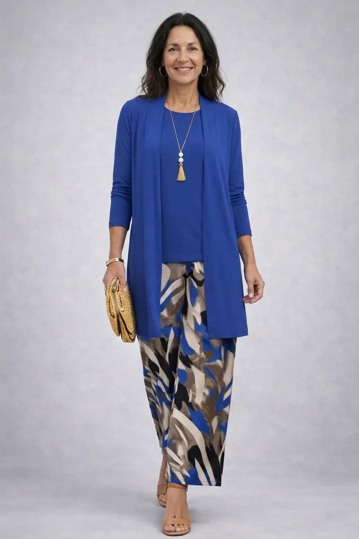 3-piece set in royal blue with long cardigan, solid top, and patterned wide-leg pants.