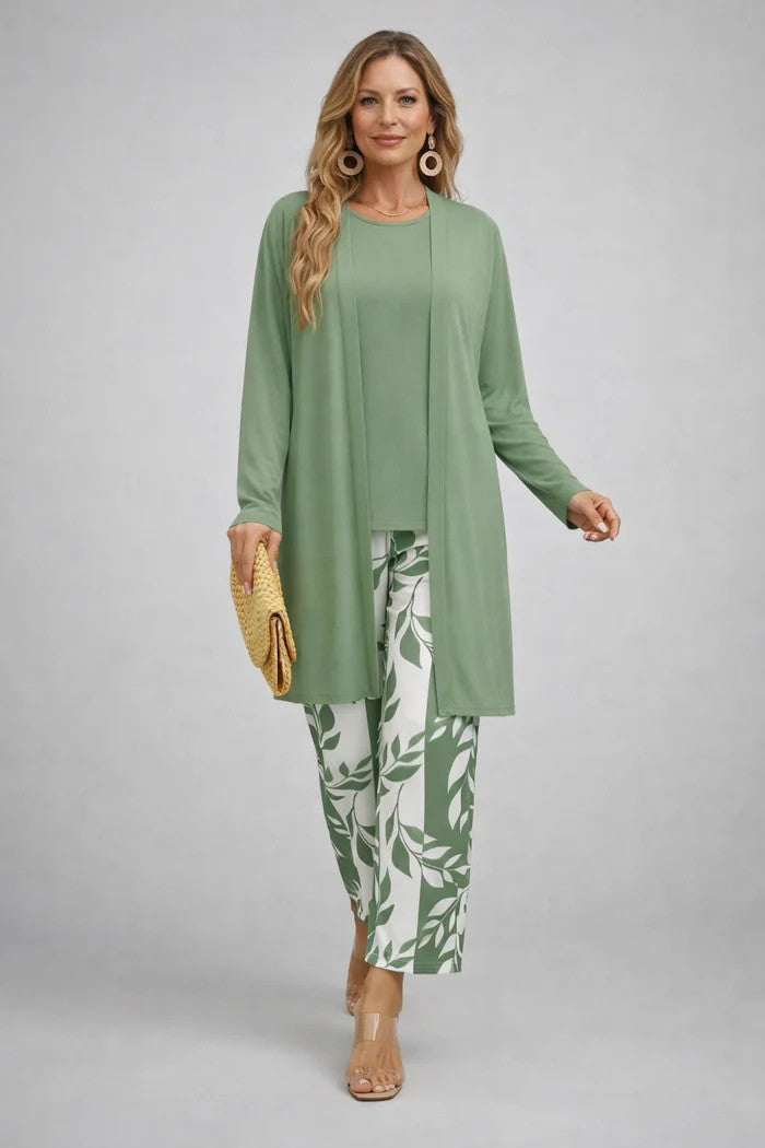 3-piece set in sage green with long cardigan, solid top, and leaf-print ankle pants.