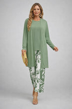 3-piece set in sage green with long cardigan, solid top, and leaf-print ankle pants.