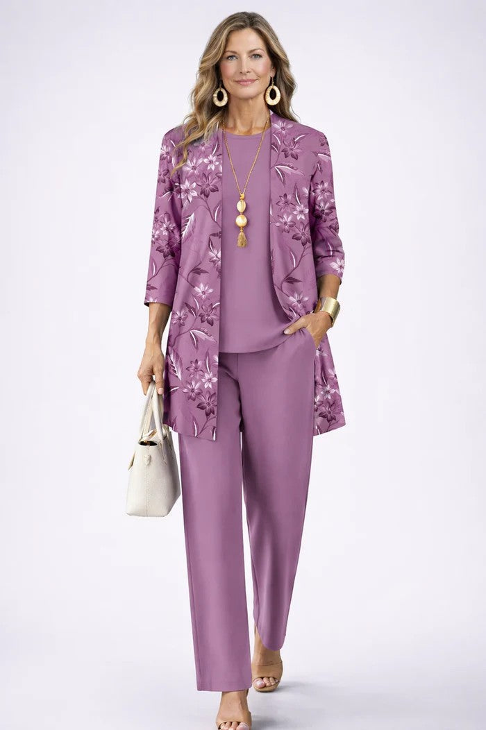 3-piece set in dusty purple with floral kimono-style jacket, matching top, and tapered pants.