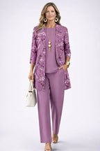 3-piece set in dusty purple with floral kimono-style jacket, matching top, and tapered pants.