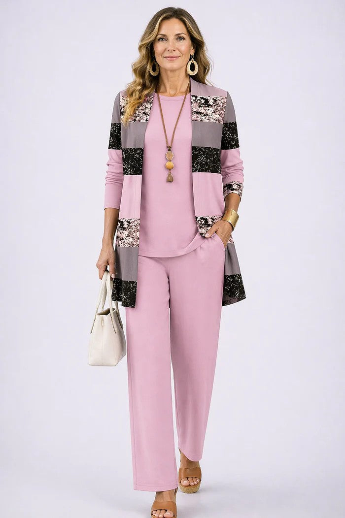3-piece set in dusty pink with patterned kimono jacket, solid top, and straight-leg pants.