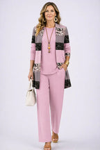 3-piece set in dusty pink with patterned kimono jacket, solid top, and straight-leg pants.