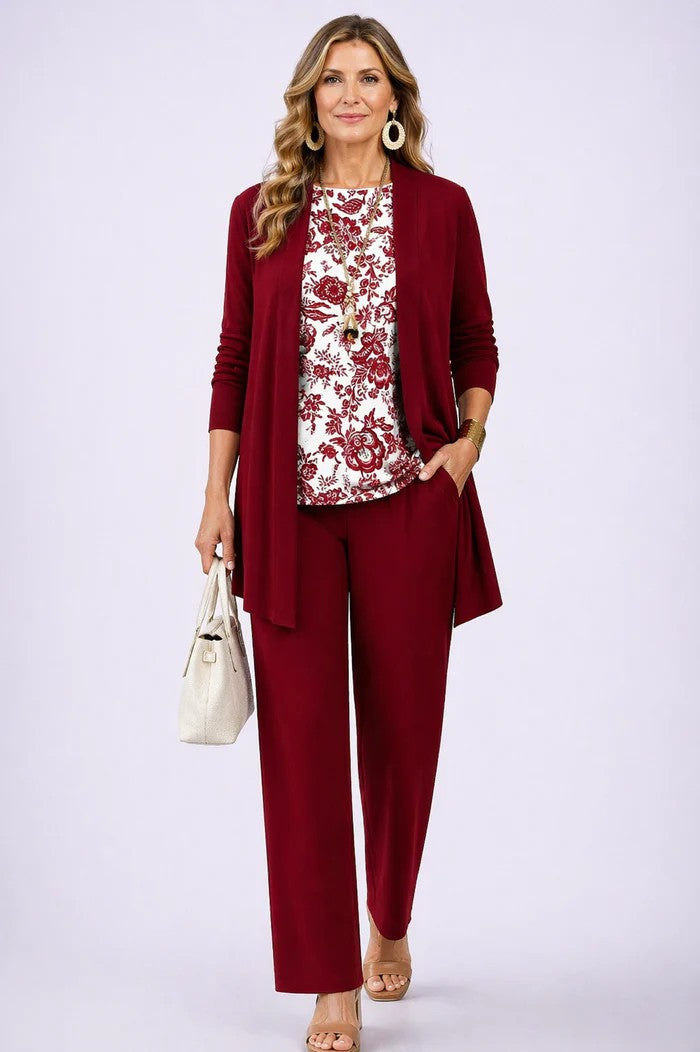 3-piece set in deep maroon with longline cardigan, floral top, and relaxed straight-leg pants.
