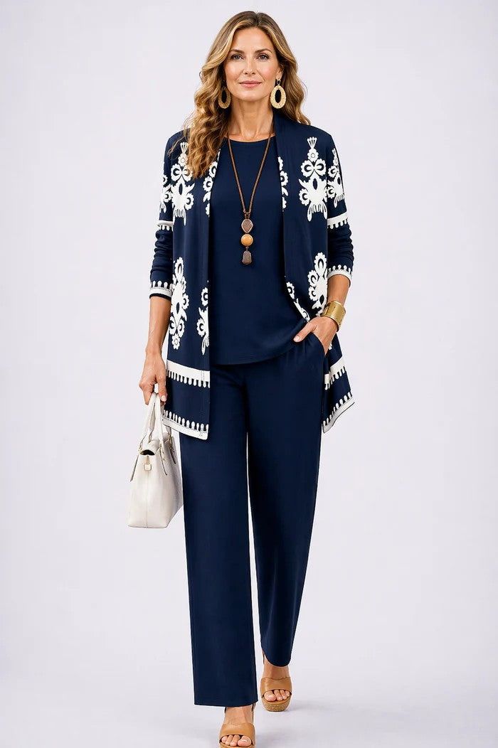 3-piece set in navy blue with patterned cardigan, solid top, and straight-leg pants.