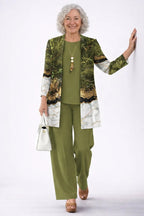 3-piece set: olive green top and pants with white floral open jacket
