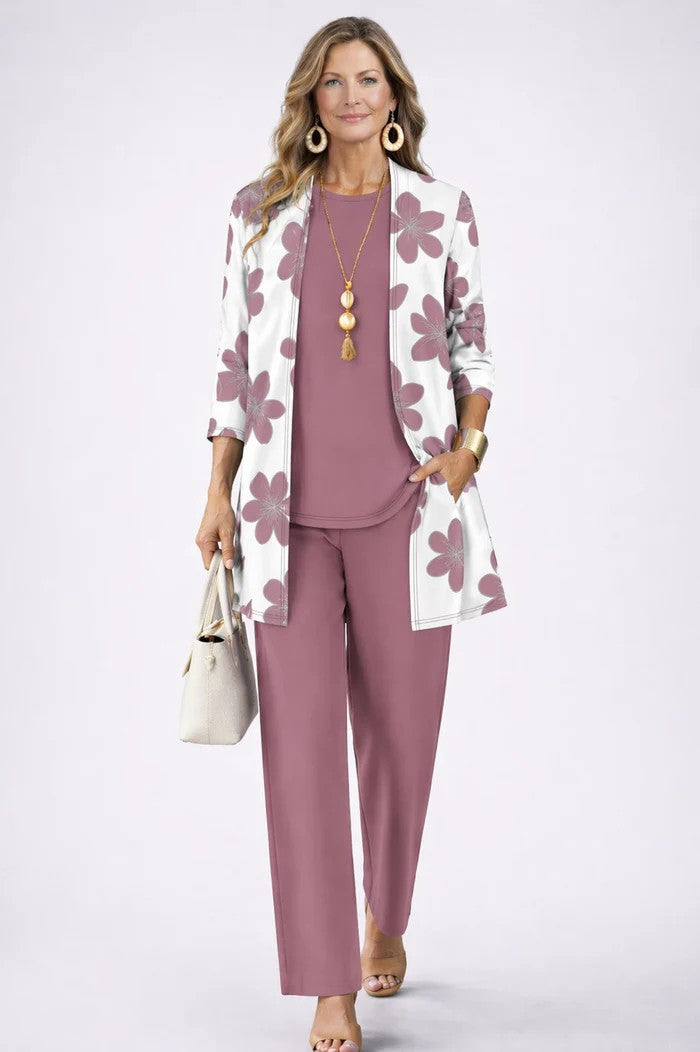 3-piece set: mauve sleeveless top and pants with white-and-pink floral open jacket