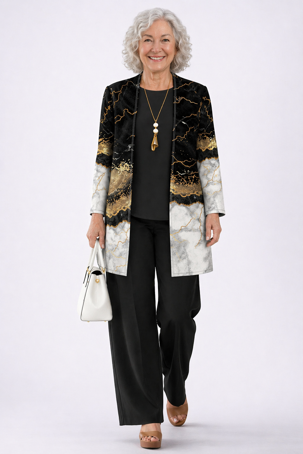 3-piece set: long black-and-gold marble jacket, black top, black trousers