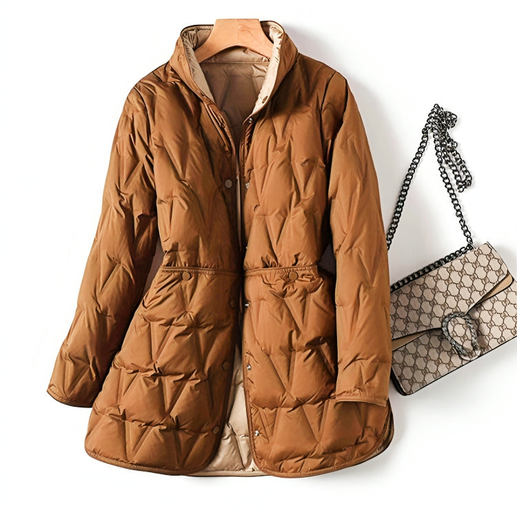 Copper-brown quilted winter puffer jacket with hood, front buttons, and side tie waist