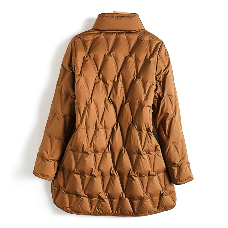 Copper-brown quilted winter puffer jacket on hanger with stand collar and front button closures
