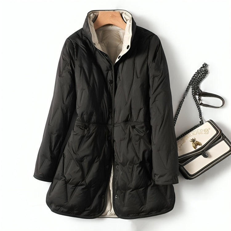 Black quilted winter puffer jacket with hood, front buttons, and gathered waist panels