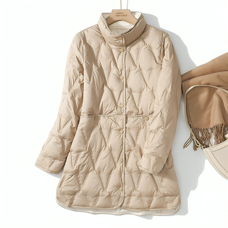 Beige quilted winter puffer jacket with stand collar, front buttons, and hooded neck trim