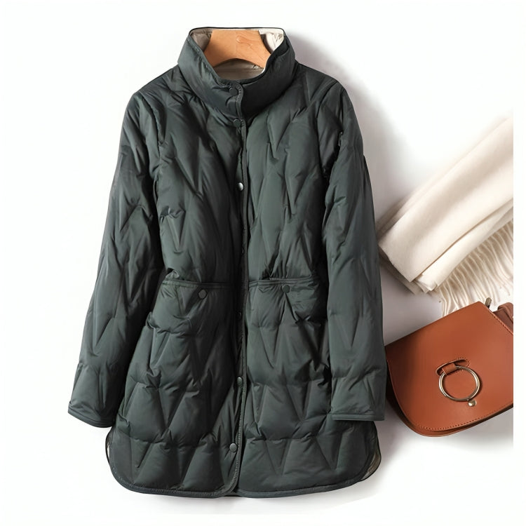 Dark green quilted winter puffer jacket with stand collar, front button closure, and hood