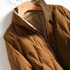 Copper-brown padded winter puffer jacket with stand collar, front button placket, and hood