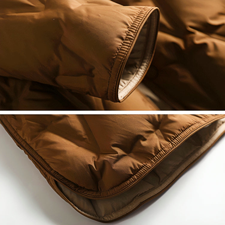 Copper-brown padded puffer jacket cuff and hem with contrast inner lining and stitched edge