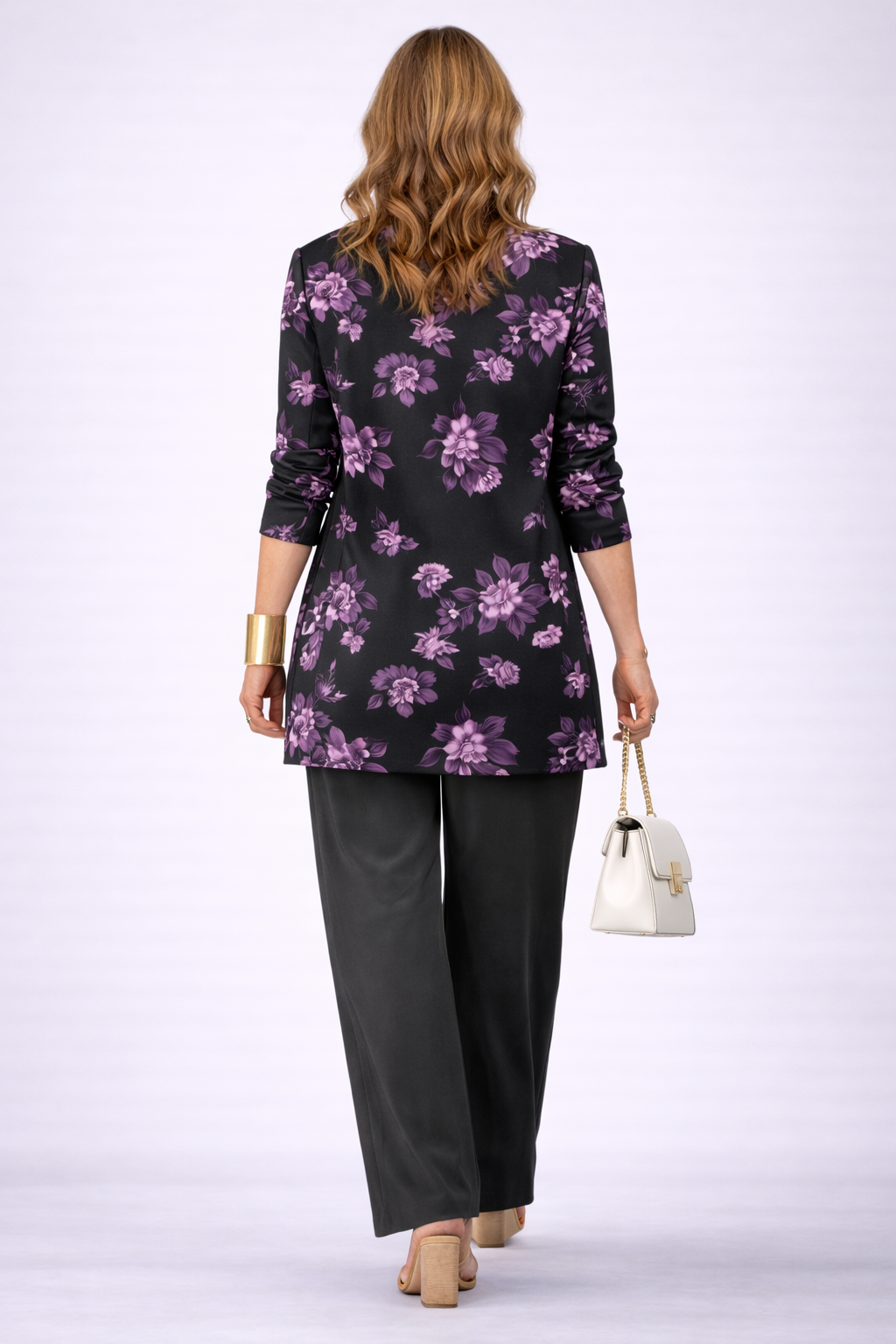 Black floral 3-piece set, long back cardigan with straight-leg pants