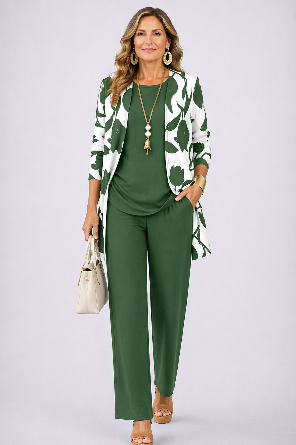 3-piece women’s set: green knit top, green pants, white leaf-print cardigan