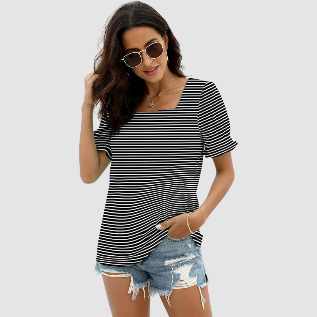 Square-neck striped top with short flutter sleeves, black-and-white stripe design