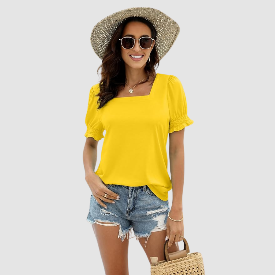Square-neck blouse in yellow with puff sleeves and gathered cuffs