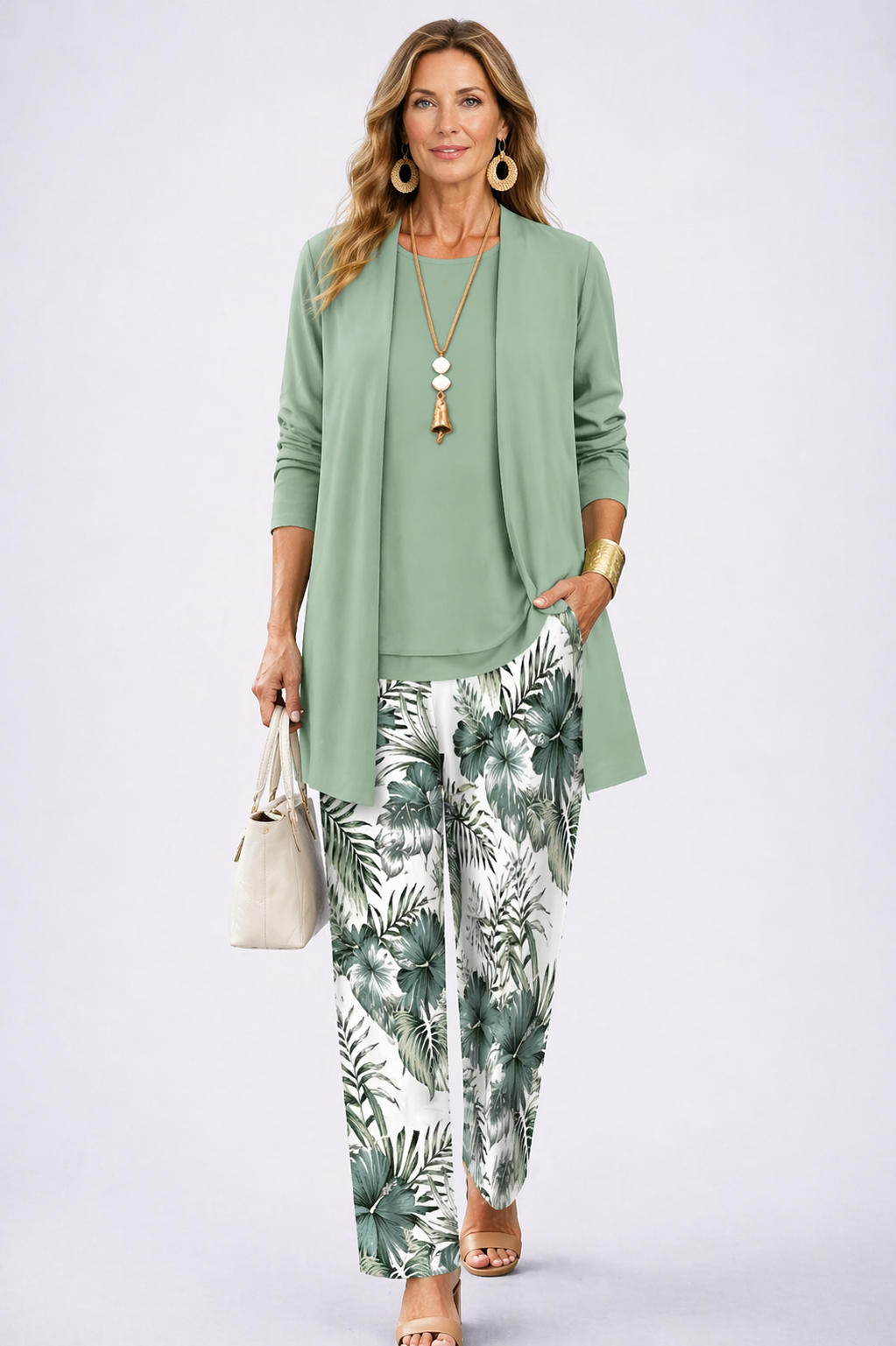 3-piece womens set: sage green cardigan, matching top, leaf-print pants